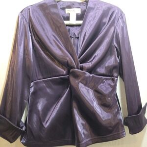 Jackie Jon Purple Shimmer Twist Front V-Neck Blouse Size 10 Evening Back Zip